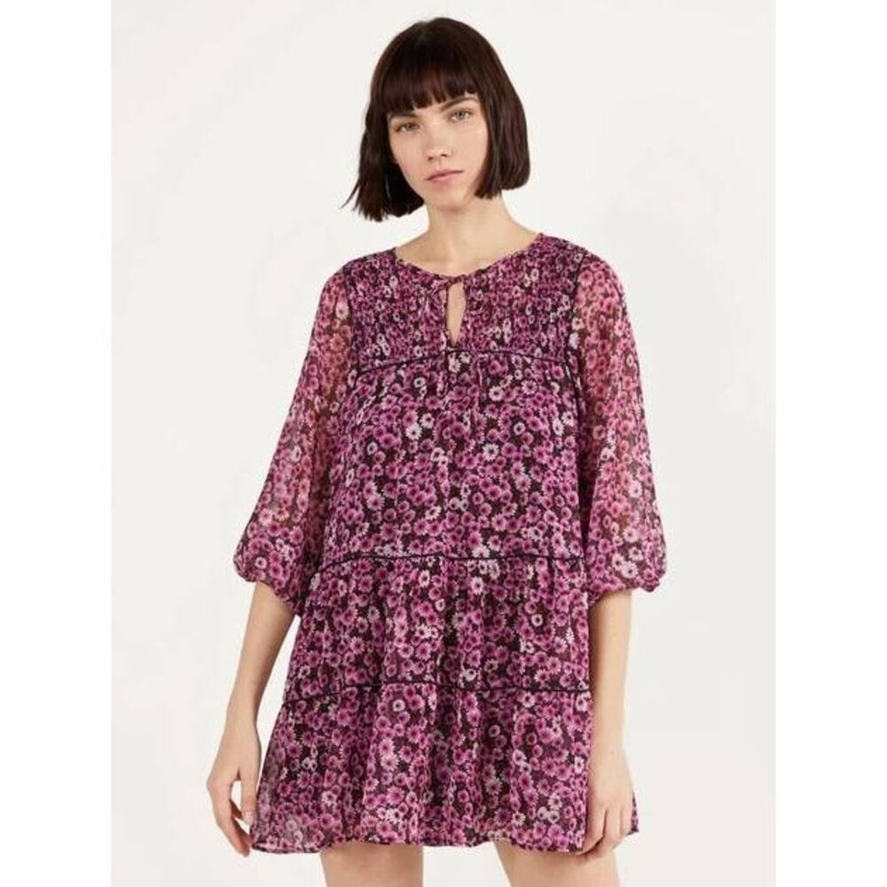 Bershka pink & black floral sheer swing mini tiered puff sleeve boho dress M